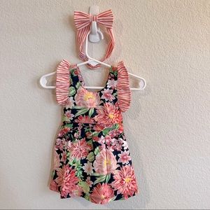 NWT Ruffle Butts Baby Girl Pink Floral Dress and Headband - 3-6 months